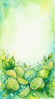 Watercolor lime slices and green leaves with bubbles on soft yellow and turquoise gradient background. Fresh citrus design for beverage packaging, wellness products, and summer graphics.
