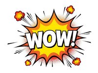 Comic book style WOW explosion burst with halftone dots and dynamic rays on white background for pop art designs and promotional materials.