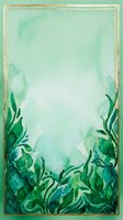Watercolor botanical frame with lush green foliage and gold border on soft mint background, ideal for invitations, greeting cards, and design projects.