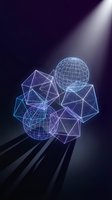 Futuristic holographic geometric shapes with wireframe spheres and polygonal forms floating in digital space with dramatic lighting effects.