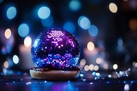 Purple disco ball reflecting colorful lights against dark background with bokeh effect creates magical nightclub atmosphere for party and celebration designs.
