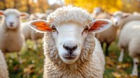 Close up portrait of young white sheep with amber eyes looking directly at camera against blurred autumn background with flock grazing in pasture.