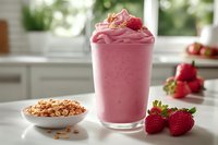 Pink raspberry smoothie topped with whipped cream and granola in tall glass, fresh berries and crunchy cereal on white kitchen counter, soft natural lighting.