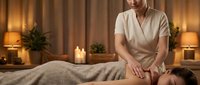 Professional female massage therapist performing relaxing spa treatment on client in luxurious wellness center with warm ambient lighting and candles.