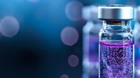 Vial with purple liquid and metal cap on blurred blue background with bokeh lights, suitable for medical, pharmaceutical, and scientific presentations.