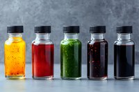Colorful assortment of homemade sauces and dressings in glass bottles with black caps, including yellow, red, green, and dark varieties against gray background.