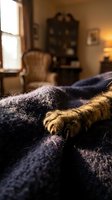 Cat paws resting on dark blanket in cozy home interior with warm sunlight from window, vintage furniture and antique decor in background.
