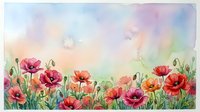 Watercolor poppy flowers field with soft pastel sky background. Delicate floral border design for spring and summer themed projects and decorations.