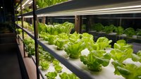 Fresh green lettuce growing in modern hydroponic system with LED lighting, showcasing sustainable indoor farming technology for urban agriculture.