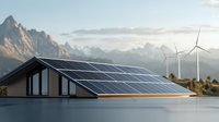 Modern house roof with solar panels and wind turbines in mountain landscape at sunset, renewable green energy concept for sustainable living and eco-friendly architecture.