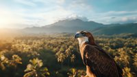 Majestic osprey bird perched against dramatic mountain landscape at golden sunset, wild raptor overlooking palm tree valley with warm sunlight and misty peaks in background.