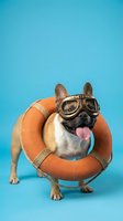 Fawn and white French Bulldog wearing vintage aviator goggles and orange life preserver ring against bright turquoise background, tongue out, playful summer concept.