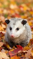 Adorable young opossum sitting among colorful autumn leaves with vibrant fall foliage background for wildlife and seasonal nature content.