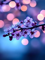 Delicate cherry blossoms on branch with soft pink bokeh lights against blue background, creating dreamy spring atmosphere for romantic designs and cards.