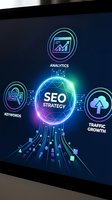 Digital SEO strategy concept with glowing sphere and neon icons for analytics, keywords and traffic growth on futuristic blue background for marketing presentations.