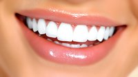 Close up of bright white healthy teeth and natural pink lips showing radiant smile against smooth skin background, perfect for dental and cosmetic advertising.