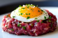 Raw beef tartare topped with sunny side up egg, garnished with fresh chopped chives and black pepper on white plate, gourmet restaurant appetizer.