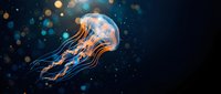 Luminous jellyfish floating in dark ocean waters with glowing tentacles and bokeh light effects creating magical underwater atmosphere for marine life designs.