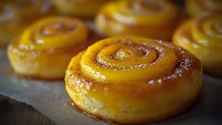 Freshly baked cinnamon rolls with golden brown swirls and glossy glaze on wooden surface, close-up view showing soft texture and caramelized sugar details.