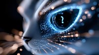 Glowing blue digital eye with question mark reflection surrounded by particles and light effects, representing artificial intelligence and machine learning technology.