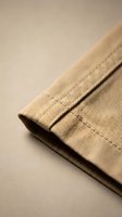 Beige cotton twill fabric hem with detailed stitching showcasing textile craftsmanship and garment construction techniques for fashion and sewing projects.
