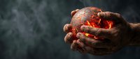 Male hands holding glowing red fire energy sphere, representing power, magic, and supernatural force for fantasy, gaming, and mystical design projects.