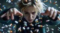 Young blonde woman surrounded by falling colorful pills and capsules in dramatic lighting expressing stress and overwhelm with pharmaceutical medication.