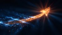 Glowing golden arrow made of sparkling particles rising upward against dark blue background with light rays and bokeh effect, symbolizing growth and success.
