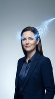 Professional businesswoman with digital light effects and particles around head representing artificial intelligence and innovation in corporate technology.
