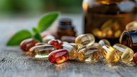 Vitamin and fish oil supplements with omega-3 capsules scattered on wooden surface near green leaves, natural light, soft focus macro photography.