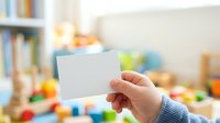 Young child with light skin tone holding blank white card in playroom with toys and books, suitable for educational materials, childcare marketing, and learning content.
