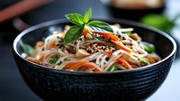 Asian noodle bowl with vegetables and fresh basil garnish served in dark ceramic dish for restaurant menu and food photography.