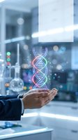 Scientist hand holding glowing DNA helix hologram in modern laboratory with scientific equipment and blurred background, representing genetic research and biotechnology innovation.