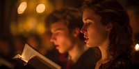 Young woman with curly hair reading from book in warm candlelight atmosphere, with male figure in background creating intimate evening ambiance.
