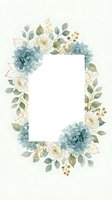 Watercolor floral frame with blue hydrangeas and white roses on cream background for wedding invitations and greeting cards.