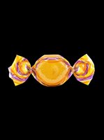 Wrapped candy with yellow and purple swirled wrapper isolated on transparent background, ready for clipart, stickers, t-shirt designs, print-on-demand products and sublimation projects.