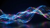 Abstract digital wave with glowing particles and neon colors flowing on dark background for technology presentations and futuristic design projects.