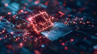 Glowing red energy forming digital network pattern on computer circuit board with electric connections and data flow.