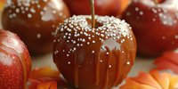 Fresh caramel covered apples decorated with white sugar pearls on autumn background with orange maple leaves, festive fall season treat.