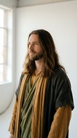 Thoughtful man with long brown hair and beard wearing layered robes in bright indoor setting for spiritual or historical content.