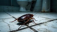 Large brown cockroach crawling on white bathroom tile floor near toilet base, pest control and hygiene concept for household cleaning services.