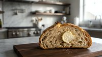 Freshly baked sourdough bread loaf with crispy crust and open crumb structure, sliced and displayed on wooden board in modern kitchen setting for bakery, food, and culinary content.