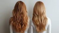 Two women with long wavy hair shown from behind, one with copper red waves and one with golden blonde waves, against neutral gray background.