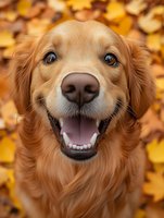 Smiling golden retriever dog with happy expression on autumn background with yellow fallen leaves, close up portrait of friendly pet outdoors.