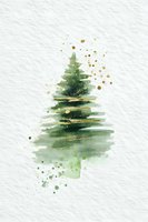 Watercolor Christmas tree with gold splatter on textured white paper, elegant holiday art for greeting cards and festive designs.