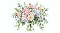 Watercolor wedding bouquet with pink roses, white peonies, eucalyptus and lavender flowers isolated on white background for bridal design and invitations.