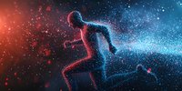 Digital silhouette of runner composed of glowing particles against cosmic background with red and blue light effects. Represents speed, motion, and athletic achievement.