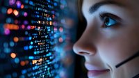 Young Caucasian woman customer service representative looking at digital data stream display with glowing blue numbers and bokeh lights in dark office environment.