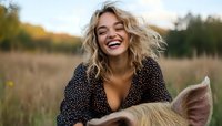 Young blonde woman with wavy hair laughing while petting horse in rural field setting during golden hour, wearing polka dot dress, expressing genuine joy and connection with animal.