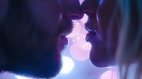 Silhouette of romantic couple about to kiss against dreamy purple night sky with glowing moon and stars, creating intimate atmospheric moment.